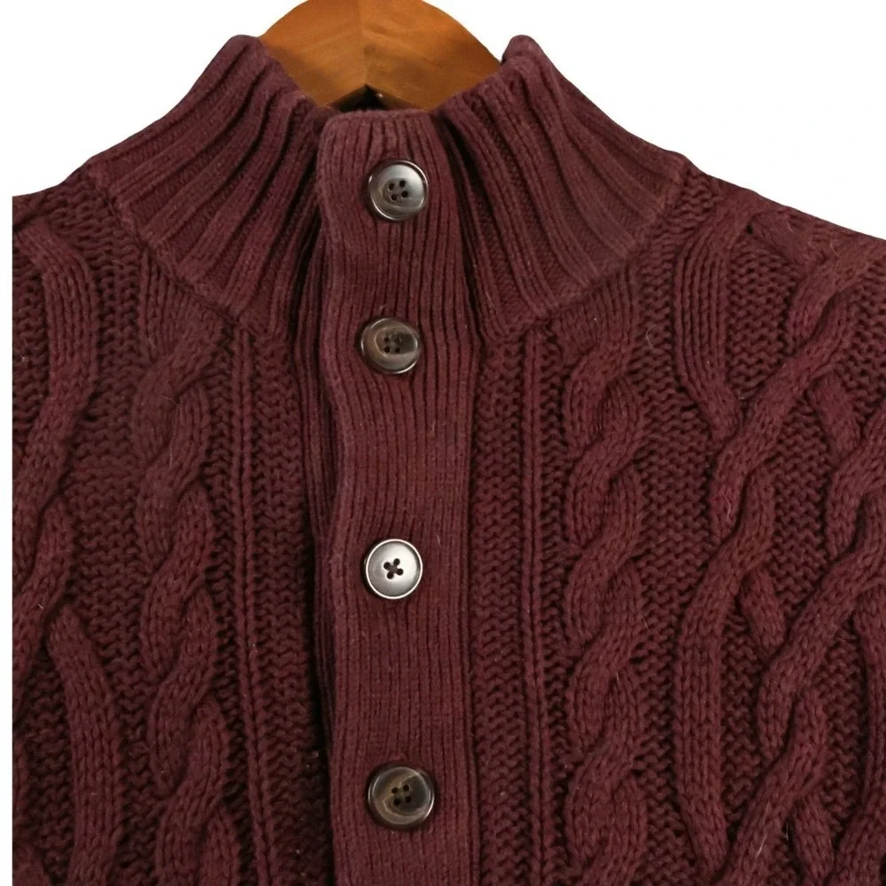 Banana Republic Men's Burgundy Cable Knit Mock Neck Henley Sweater S 100% Cotton